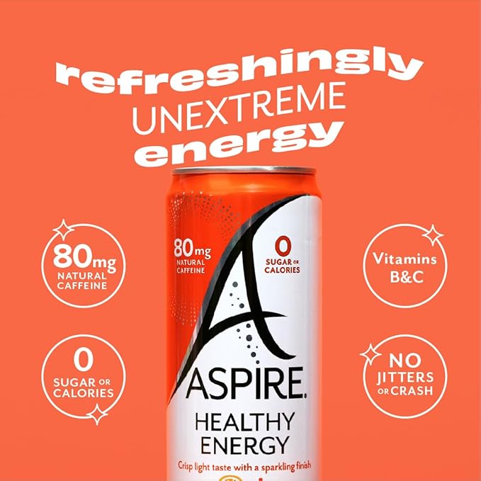 ASPIRE® Mango Lemonade, Healthy Energy Drink 80mg Natural Caffeine, Zero Sugar No Carbs Keto Friendly, 24 Pack Green Tea Sugar Free Drink Low Caffeine Zero Calorie