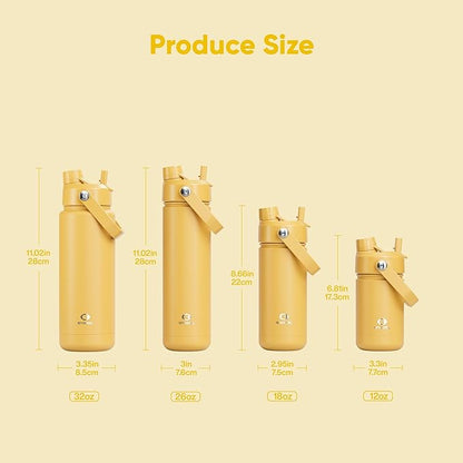Kids Insualated Water Bottle with Straw - 12oz Stainless Steel Water Bottle with Dual Spouts, Leak-Proof, BPA-Free, Double Wall Vacuum Keeps Cold for 24 Hours for Sports, Travel, School (Elfin Yellow)