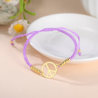 LIKGREAT Peace Sign Pendant Bracelet for Women Peace Symbol Adjustable Handmade Braided Wax Cords Beaded Bracelet
