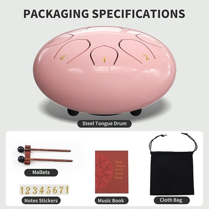 Rain Drum for Outside Garden, 6 Inches 8 Notes Steel Tongue Drums, Waterproof Meditation Echo Rain Chime, Musical Instruments for Adult Gift with Bag, Music Book, Mallets (Pink)