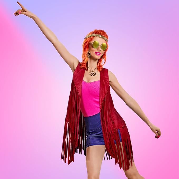 6 Pcs 60s 70s Outfits for Women Hippie Costume Set Peace Sign Earring Headband Fringe Vest Tassel Cardigan