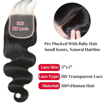 12A Body Wave 4 Bundles With 5x5 Closure (16 18 20 22 +14 Inch) Body Wave Bundles with Closure Human Hair 100% Unprocessed Brazilian Virgin Quick Weave Bundles Human Hair Natural Black