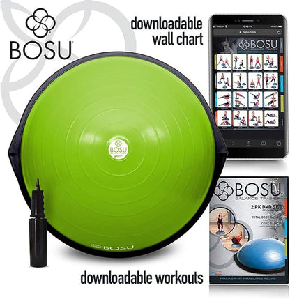Bosu Balance Ball Exercise Trainer, Home Gym Equipment w/ Guided Workouts & Pump, 26", Blue - Inflatable Fitness Platform for Strength Training, Standing, Balancing, and Core Workout