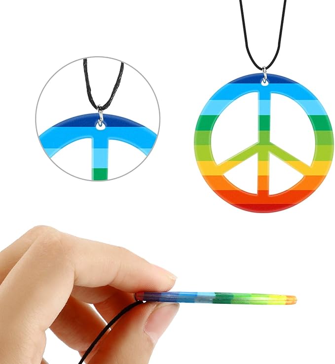 meekoo 12 Pcs Rainbow Peace Necklaces Plastic Hippie Pendant Necklace 60s 70s 80s Costume Accessory Love Peace Sign Gifts for Men Women Halloween Party Supplies