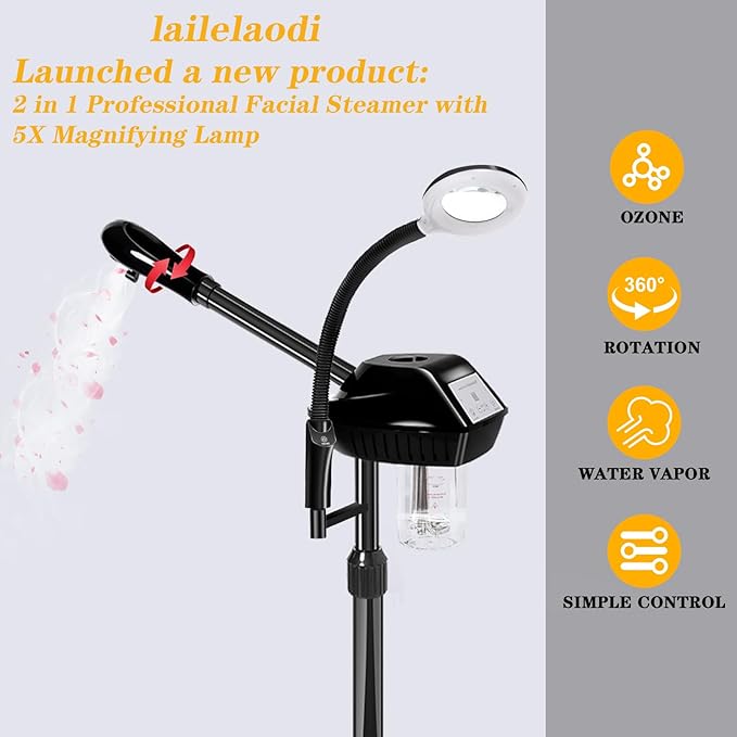 Professional Facial Steamer, 2 in 1 Ozone Facial Steamer with 5X Magnifying Lamp, face Steamer Professional, Suitable for Home Use or Beauty Spa Deep Cleansing and Hydration
