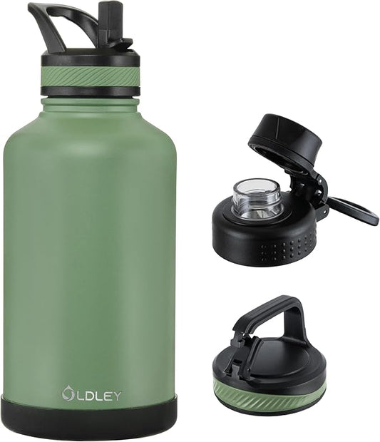 OLDLEY 64 oz Insulated Water Bottle With Straw, Stainless Steel Sports Water Cup Flask with 3 Lids(Straw, Spout and Handle Lid) Double Walled Travel Thermal Canteen Mug,Army Green