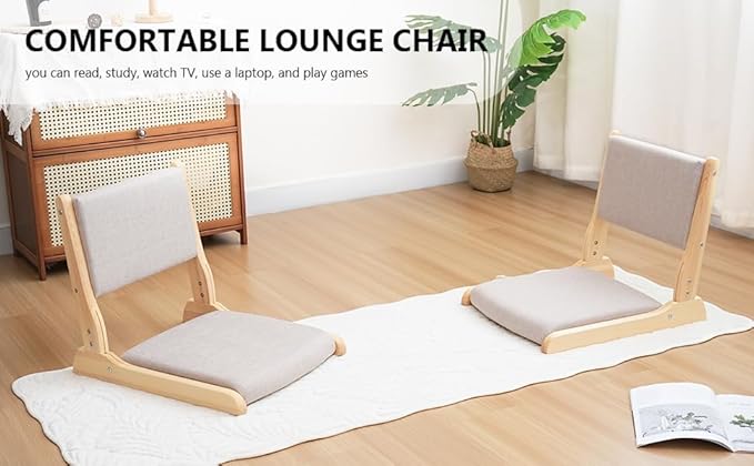 Japanese Floor Chair with Back Support, Foldable Meditation Chair, Legless Tatami Chair with Cushion, Floor Seat for Living Room, Bedroom, Bay Window (1, Gray)