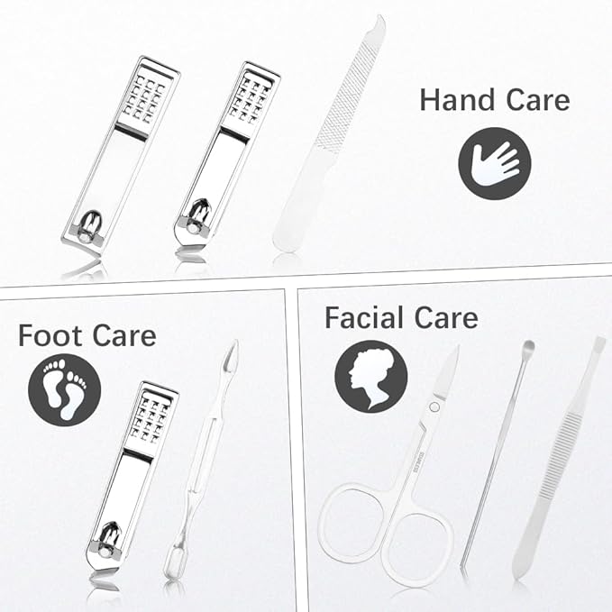 Silver Manicure Set, Nail Clipper Set 7 in 1 Manicure Kit Stainless Steel Nail Clipper Kit Pedicure Kit Portable Nail Grooming Kit Fingernail Toenail Clippers for Men Husband Boyfriend Women
