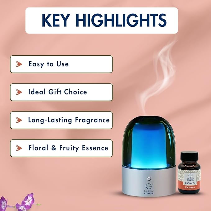 G's Breeze Smart Aroma Diffuser with 60ml Fabulous Scent Refill – Bluetooth & Wi-Fi App Control - LED Lighting, Adjustable Intensity - Long-Lasting Elegant Floral Fragrance for Home or Office