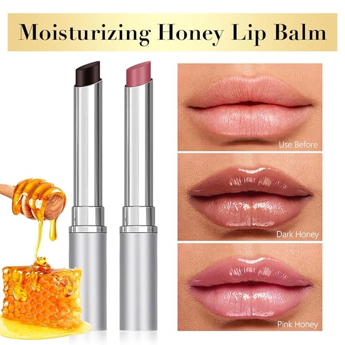 2Pcs Black & Pink Honey Lipstick Tinted Lip Balm, Sheer Hydrating Lip Stain for All Skin Tones, Natural Lightweight Lips Gloss Makeup for Women, Vegan & Cruelty-Free