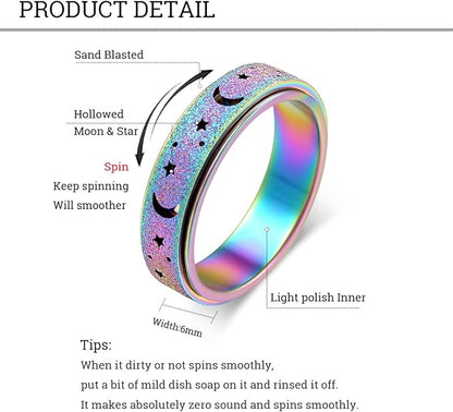 Anxiety Ring for Women Spinner Ring Fidget Ring Fidget Toys Adults Thumb Spinner Rings for Men Stainless Steel Moon Star Rainbow Size 9