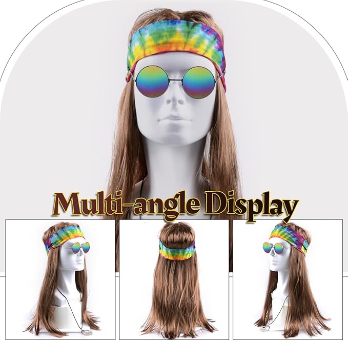 MOVINPE Hippie Accessories for Men - Hippie Wig Sunglasses Peace Sign Necklace Tie Dye Headbands, Halloween Costume 70s Disco Style 60s Outfit Fancy Dress Retro Night