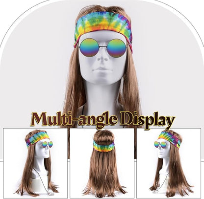 MOVINPE Hippie Accessories for Men - Hippie Wig Sunglasses Peace Sign Necklace Tie Dye Headbands, Halloween Costume 70s Disco Style 60s Outfit Fancy Dress Retro Night