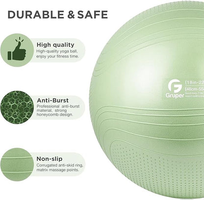 Gruper Yoga Ball, 18-30 Inch Extra Thick Exercise Ball for Workout Fitness Balance, Anti Burst Chair for Home and Office Desk, Includes Hand Pump & Workout Guide Access
