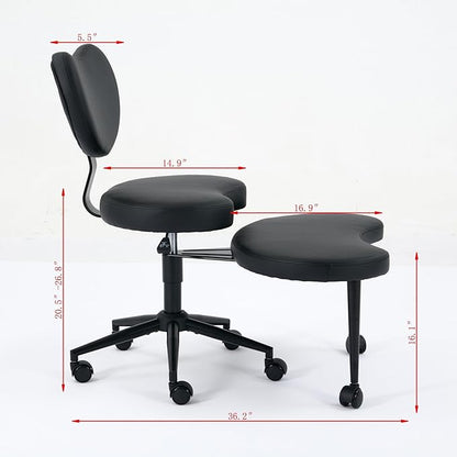 Cross-Legged Meditation Chair with Wheels, Adjustable Desk Chair for Home Office, Ergonomic Floor Seat for ADHD & Yoga, Criss Cross Chair with Lumbar Support, Memory Foam Cushion (Black-PU Leather)