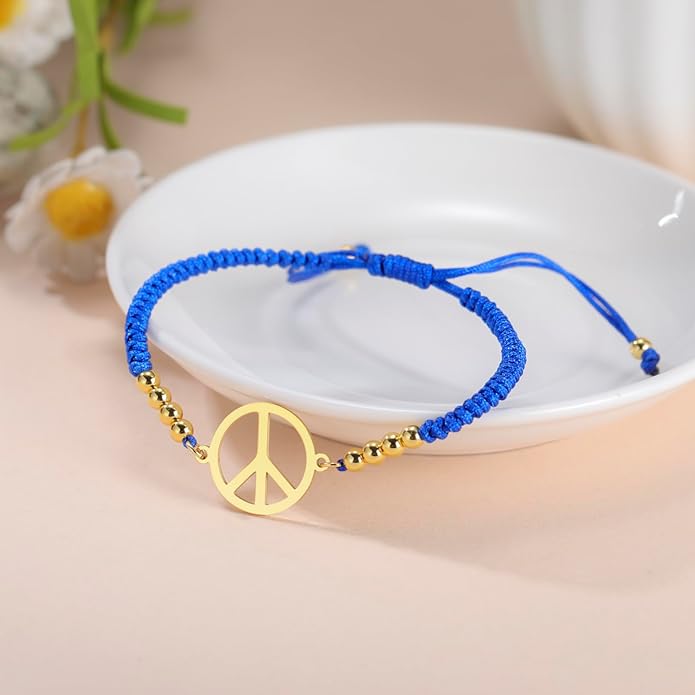LIKGREAT Peace Sign Pendant Bracelet for Women Peace Symbol Adjustable Handmade Braided Wax Cords Beaded Bracelet