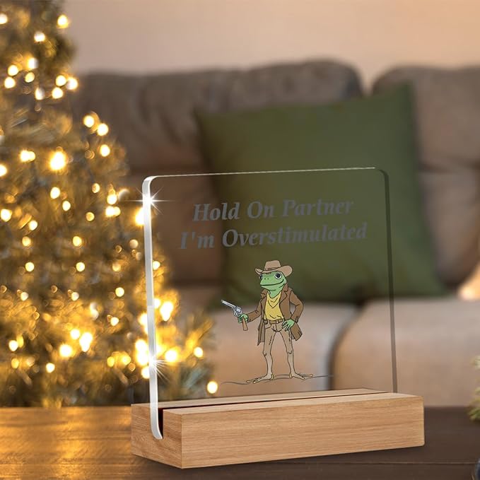 Caution Overstimulated Desk Sign, Hold On Partner I'm Overstimulated Acrylic Plaque Gifts for Coworkers Friends, Funny Office Desk Decor
