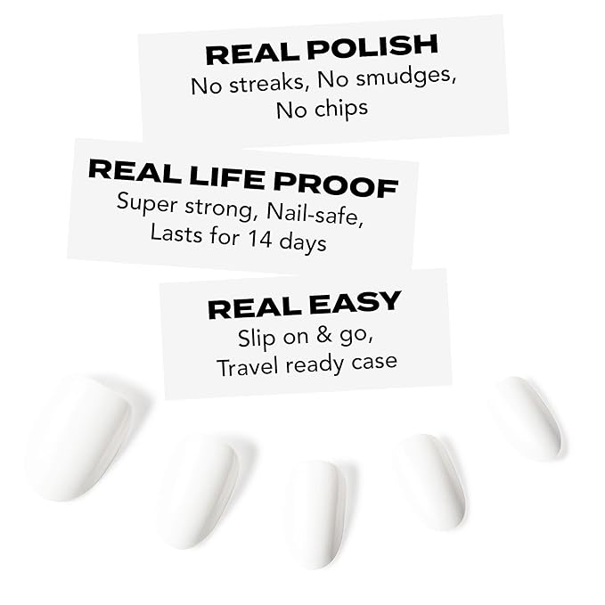 Short White Press On Nails | Hard Candy False Nails with Real White Nail Polish| Includes - 24 Reusable Short Round Nails, Strong Nail Glue, Travel Case and Accessories.