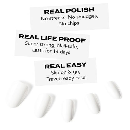 Short White Press On Nails | Hard Candy False Nails with Real White Nail Polish| Includes - 24 Reusable Short Round Nails, Strong Nail Glue, Travel Case and Accessories.