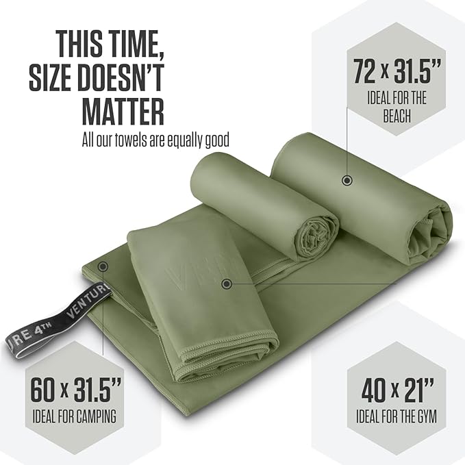 VENTURE 4TH Quick Dry Towel. Microfiber Travel Towel Ideal for Camping, Hiking, Backpacking, Gym. Lightweight & Fast Drying Travel Towels for Body. Compact & Easy to Pack - Army Green Medium