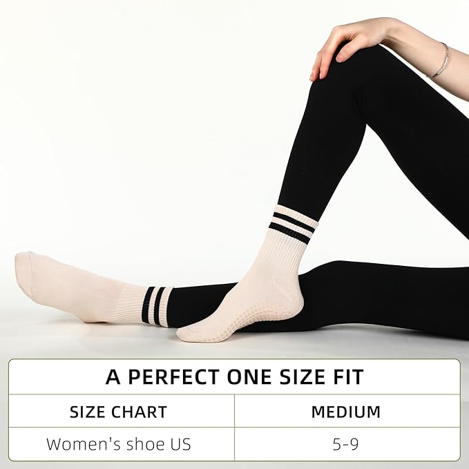 Jeyiour 4 Pairs Womens Pilates Socks with Grip Long Non Slip Yoga Crew Socks for Barre Hospital Home Workout