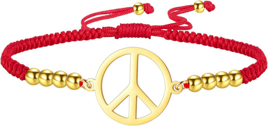 LIKGREAT Peace Sign Pendant Bracelet for Women Peace Symbol Adjustable Handmade Braided Wax Cords Beaded Bracelet