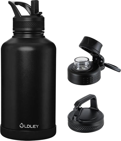OLDLEY 64 oz Insulated Water Bottle With Straw, Stainless Steel Sports Water Cup Flask with 3 Lids(Straw, Spout and Handle Lid) Double Walled Travel Thermal Canteen Mug,Black