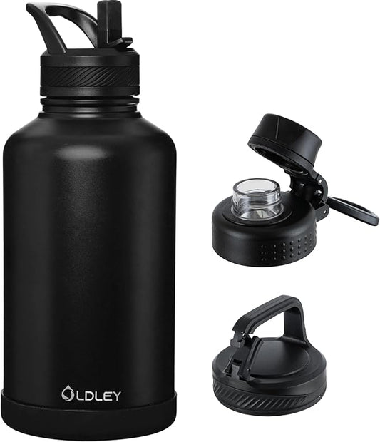 OLDLEY 64 oz Insulated Water Bottle With Straw, Stainless Steel Sports Water Cup Flask with 3 Lids(Straw, Spout and Handle Lid) Double Walled Travel Thermal Canteen Mug,Black