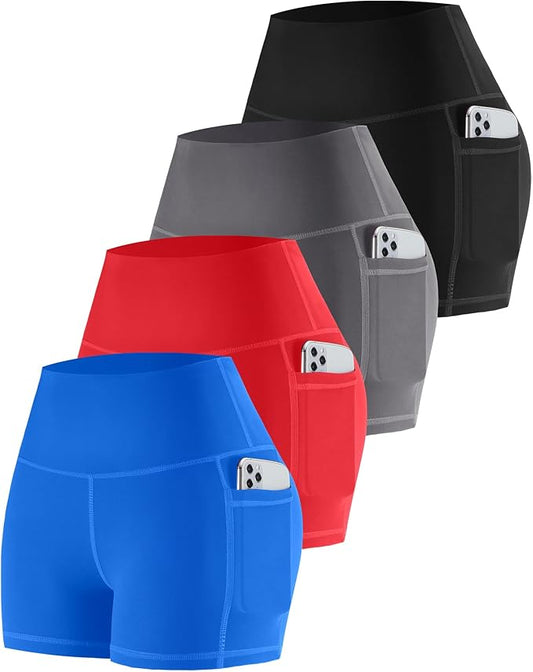 CHRLEISURE Womens Biker Yoga Shorts with Pockets: High Waisted Tummy Control Spandex Workout Athletic Gym Shorts 4 Packs