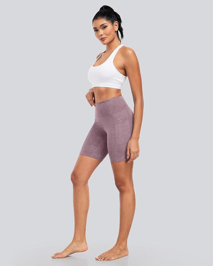 CHRLEISURE Womens Biker Yoga Shorts with Pockets: High Waisted Tummy Control Spandex Workout Athletic Gym Shorts 4 Packs