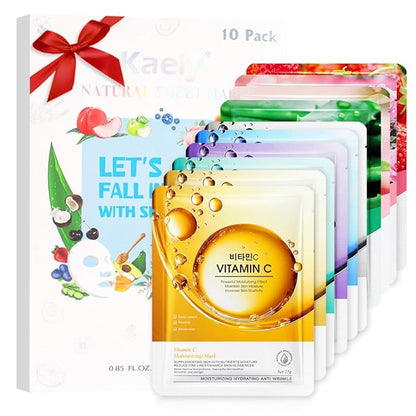 Kaely 10 Pack Variety Sheet Masks, Spa Party Face Masks for Kids Teens Women Men Skincare Set, Girls Night Facial Masks Skin Care, Moisturize Soothe for All Skin Types, Christmas Gifts, Set02