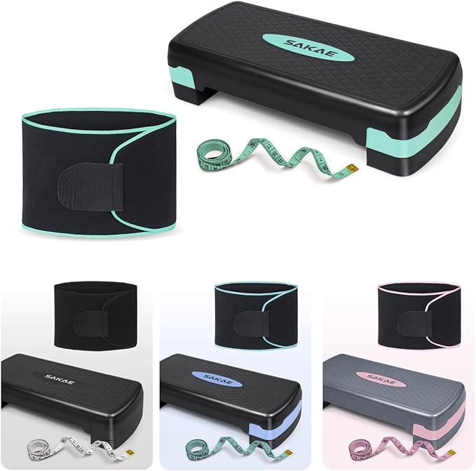 SAKAE Aerobic Step Platform Set with Waist Trimmer & Measuring Tape, Exercise Steppers for Home Exercise Fitness, Adjustable Height 2 Level Risers Workout Step Platform Trainer, Multiple Colors