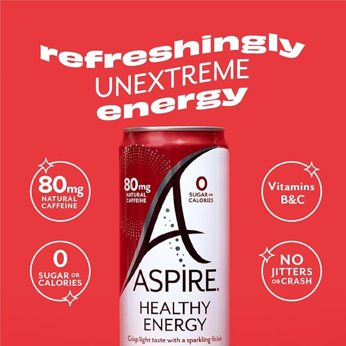 ASPIRE® Sweet Cherry, Healthy Energy Drink 80mg Natural Caffeine, Zero Sugar No Carbs Keto Friendly, 24 Pack Green Tea Sugar Free Drink Low Caffeine Zero Calorie