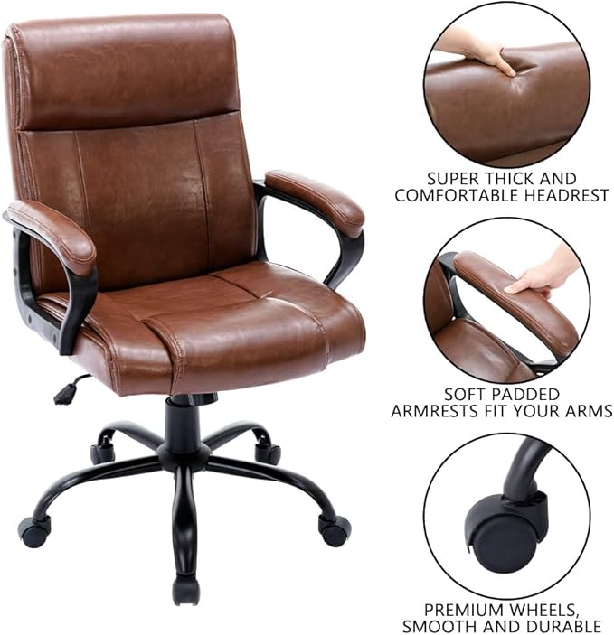 DYHOME Leather Office Chair Brown Desk Chair with Padded Armrests, Adjustable Home Office Chair Mid Back Swivel Task Chair, Ergonomic Mid Century Computer Chair, Capacity 400lbs