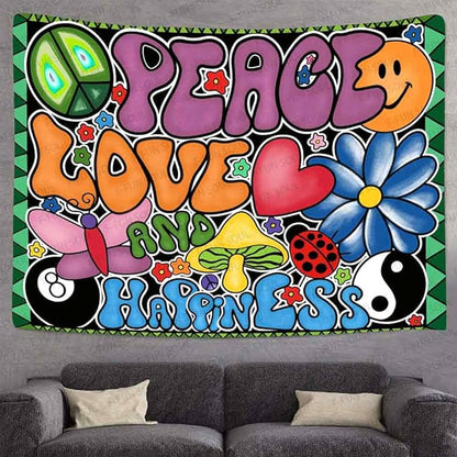 F-FUN SOUL Peace Love and Happiness Tapestry, 100x90inches Soft Flannel, Mushroom Psychedelic Tapestries 70s Theme Tapestry Wall Hanging for Bedroom Living Room Decor GTZYFS1339