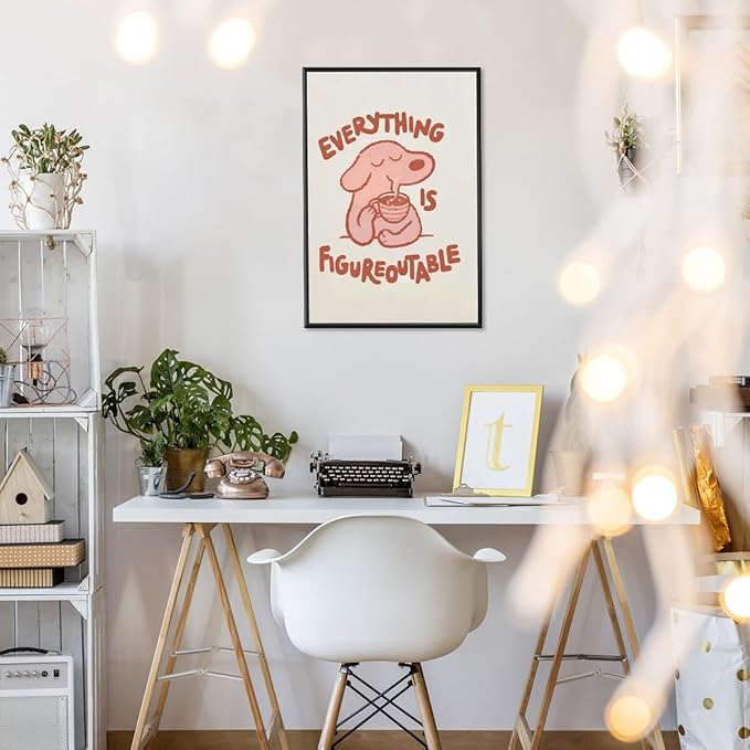 Everything is Figureoutable Motivational Canvas Wall Art Print Cute Dog Quote Inspirational Art Poster Mental Health Home Office Kids Affirmation Wall Decor Minimalist Picture 8x12inch black framed