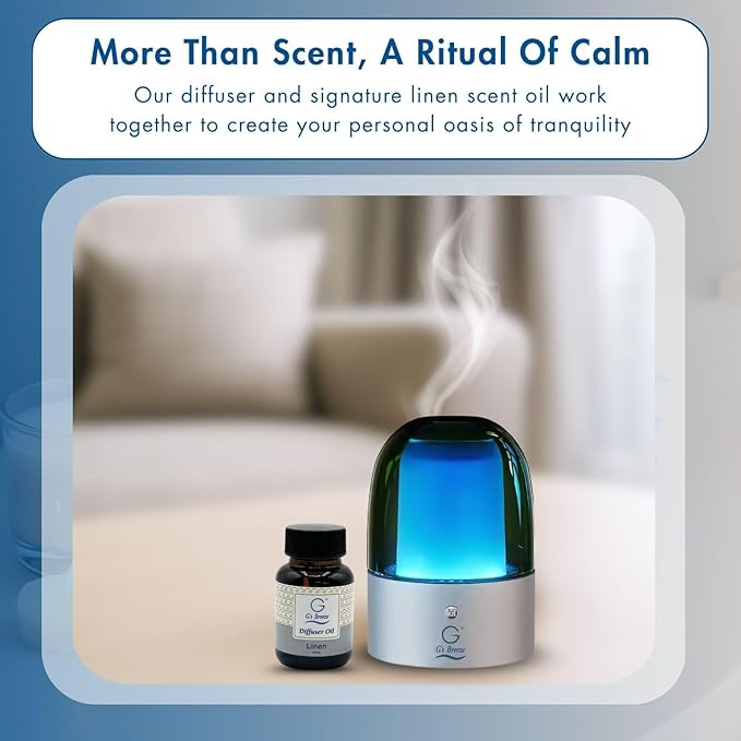 G's Breeze Smart Aroma Diffuser with 60ml Linen Scent Refill - Bluetooth & Wi-Fi App Control - LED Lighting & Adjustable Intensity - Long-Lasting Crisp Clean Cotton Fragrance for Home or Office