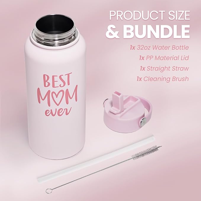 Mom Water Bottle, Best Mom Ever Bottles 32oz Stainless Steel Insulated with Lid, Gifts for Moms from Daughter Son, Gifts for Mother's Day Christmas Birthday