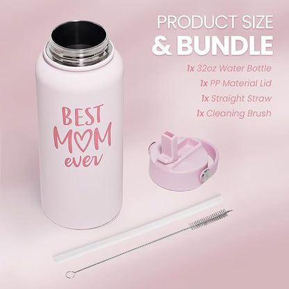 Mom Water Bottle, Best Mom Ever Bottles 32oz Stainless Steel Insulated with Lid, Gifts for Moms from Daughter Son, Gifts for Mother's Day Christmas Birthday