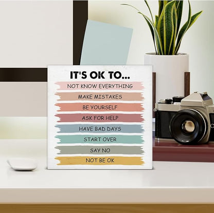 Positive Affirmations Sign It's Okay to Not Be Okay Wood Block Sign Mental Health Decorative Desk Sign Classroom Playroom School Counselor Therapy Office Home Shelf Tabletop Decor 5 X 5 Inches