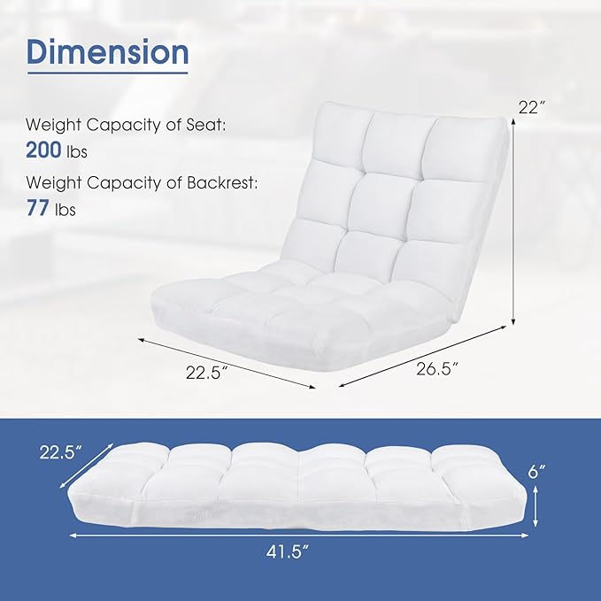 RELAX4LIFE Floor Chair with Back Support - 14-Position Adjustable Lazy Sofa Chair, Padded Sleeper Bed & Couch Recliner for Reading Meditation, Folding Floor Gaming Chair for Adults (White)
