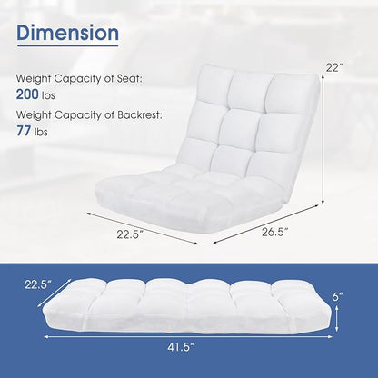 RELAX4LIFE Floor Chair with Back Support - 14-Position Adjustable Lazy Sofa Chair, Padded Sleeper Bed & Couch Recliner for Reading Meditation, Folding Floor Gaming Chair for Adults (White)