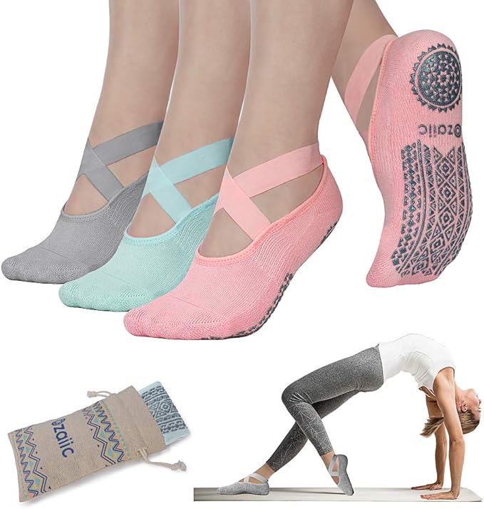 Ozaiic Yoga Socks for Women Non-Slip Grips & Straps, Ideal for Pilates, Pure Barre, Ballet, Dance, Barefoot Workout