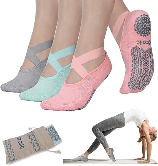 Ozaiic Yoga Socks for Women Non-Slip Grips & Straps, Ideal for Pilates, Pure Barre, Ballet, Dance, Barefoot Workout