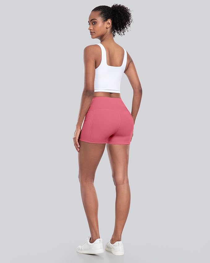 CHRLEISURE Womens Biker Yoga Shorts with Pockets: High Waisted Tummy Control Spandex Workout Athletic Gym Shorts 4 Packs