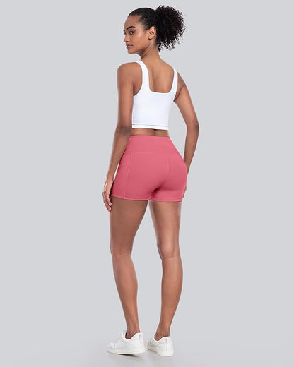 CHRLEISURE Womens Biker Yoga Shorts with Pockets: High Waisted Tummy Control Spandex Workout Athletic Gym Shorts 4 Packs