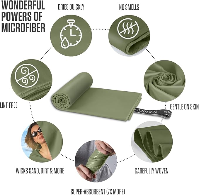 VENTURE 4TH Quick Dry Towel. Microfiber Travel Towel Ideal for Camping, Hiking, Backpacking, Gym. Lightweight & Fast Drying Travel Towels for Body. Compact & Easy to Pack - Army Green Medium