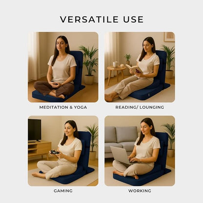 Friends Of Meditation Relaxing Buddha Meditation Chair | Detachable Rectangular Back Support & Zafu Cushion | Portable Folding Chair | with Back Support | Yoga Chairs for Adults | Navy Blue