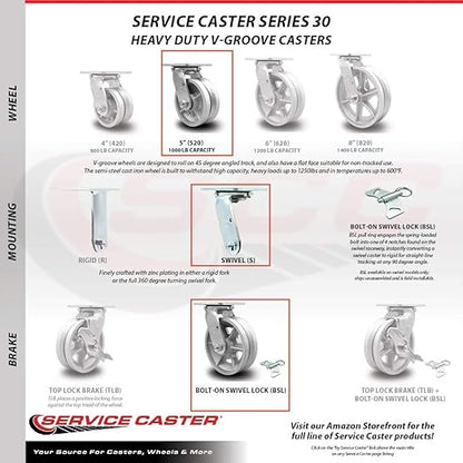 V Groove Semi Steel Swivel Top Plate Casters Set 4 Heavy Duty with 5 Inch Wheels - Includes 2 Swivel with Brakes and Bolt on Swivel Locks and 2 Swivel with Bolt on Swivel Locks - Service Caster Brand