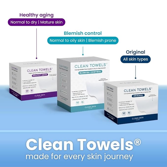 Clean Skin Club Clean Towels XL®, 100% USDA Biobased Face Towel, Disposable Face Towelette, Eczema Association Accepted, Makeup Remover Dry Wipes, Ultra Soft, 50 ct per pack, 2 Packs, 100 Ct Total